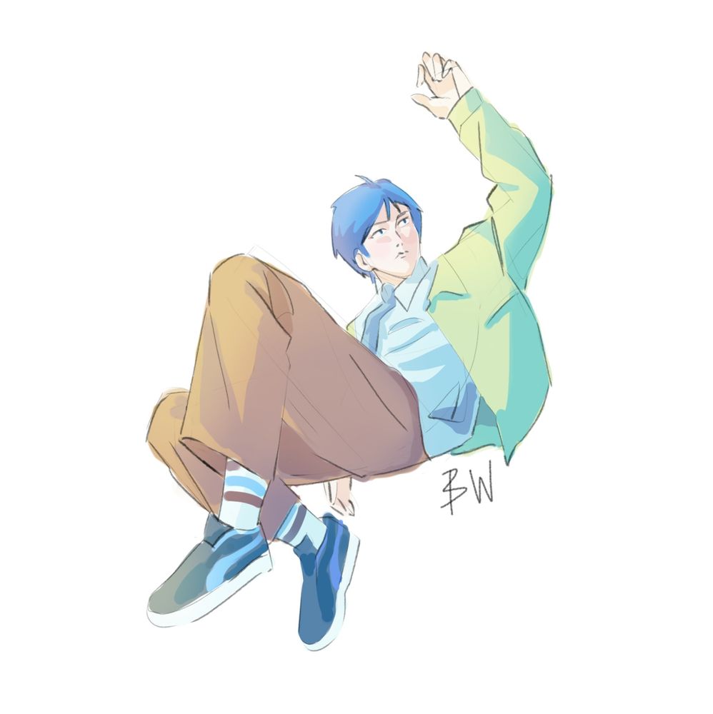 Anime-stiled guy in some half-sitting pose in the air 