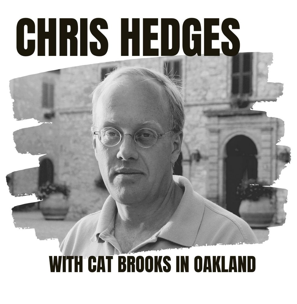 A b/w shoulders-up portrait of Chris Hedges with John Lennon-style glasses and a polo shirt; text: Chris Hedges with Cat Brooks in Oakland
