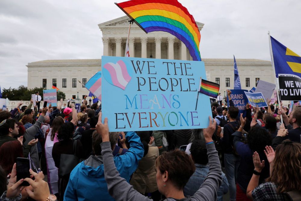 LGBTQIA+ activists and supporters hold a rally outside the U.S. Supreme Court as it hears arguments in a major LGBTQIA+ rights case on whether a federal anti-discrimination law that prohibits workplace discrimination on the basis of sex covers gay and transgender employees in Washington, U.S., October 8, 2019