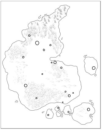 A black and white map of an almost teardrop shaped continent with several islands at the southern most tip and another island on the east. There are faded topographical elements denoting dunes on the largest southern island, a large forest on the southern tip of the continent as a whole, a swampy area to the west, hills and trees on the east side, more trees that give way to a heavy mountain range at the top of the continent. 