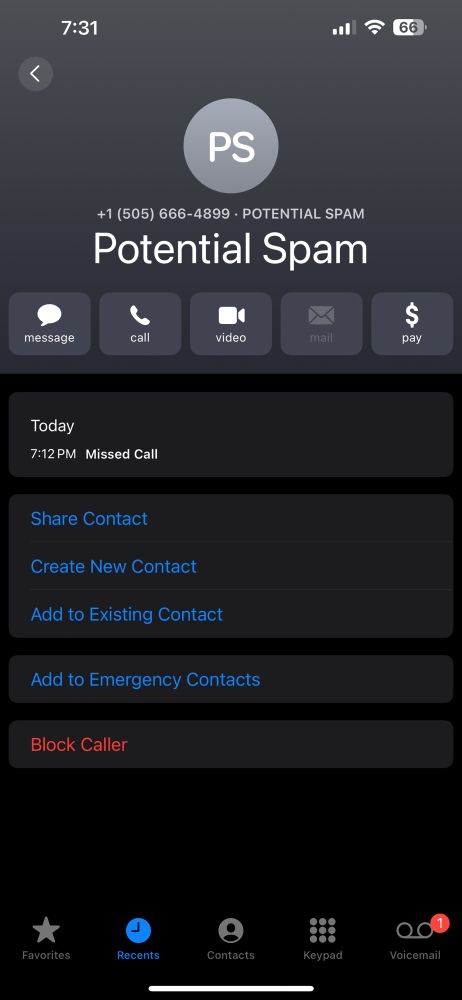 Potential Spam call. Missed from the number 505-666-4899