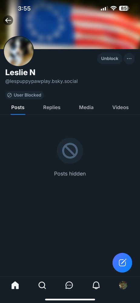 A screenshot of the blocked profile of bsky user “ @lespuppypawplay “ some kind of nazi shill charlatan at the least I reckon