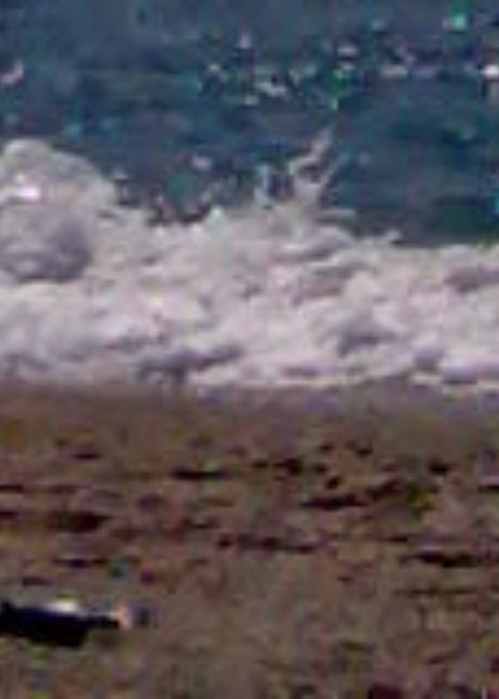 Ein Sandstrand, an dem vorne links eine Flasche liegt. Das Meer hat kleine Wellen, alles ist unscharf.