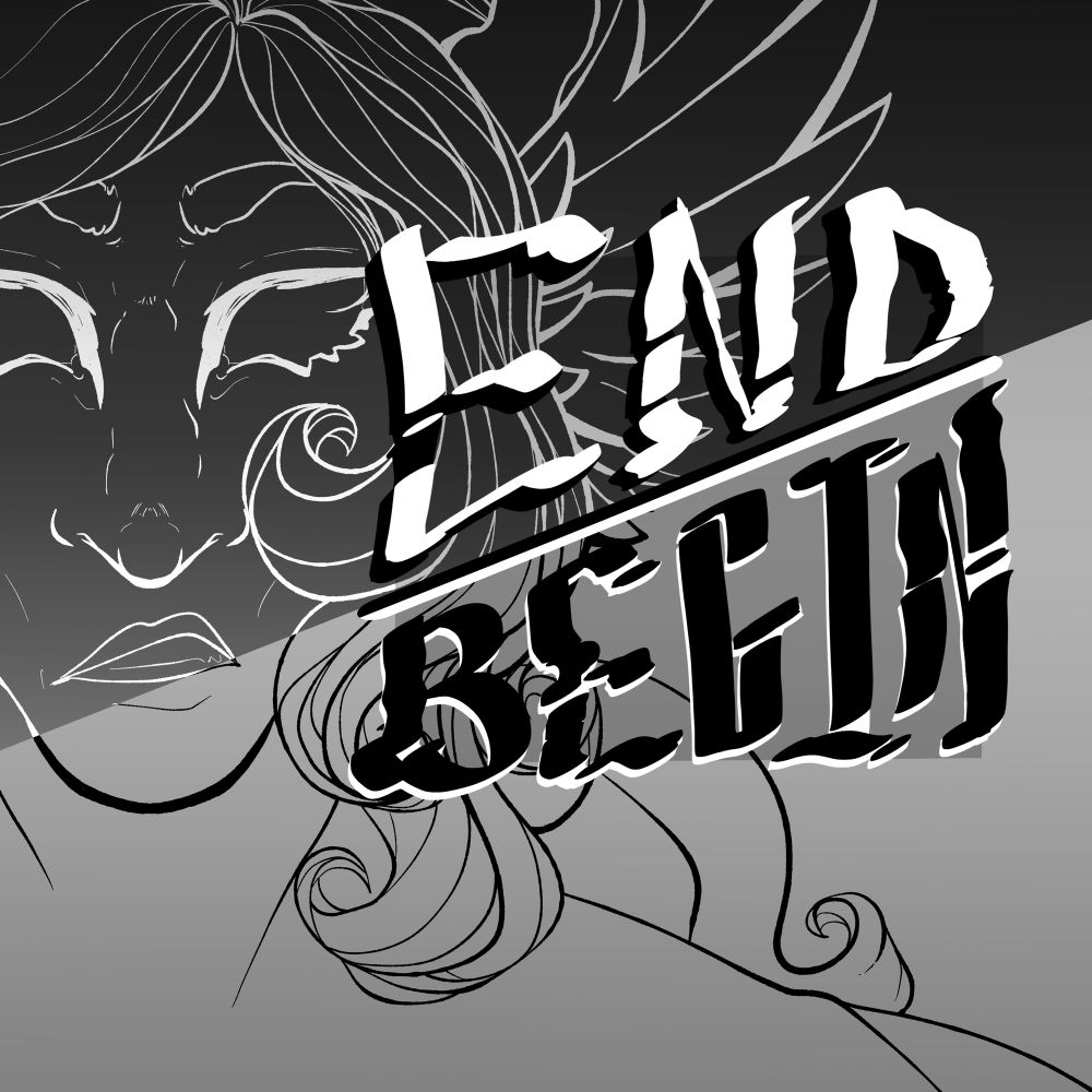 A grayscale image that says Emd/Begin and a chopped font. Behind the writing is a line art piece of a person sneering at the camera. They wear a turtleneck, have long hair, and wings for ears.