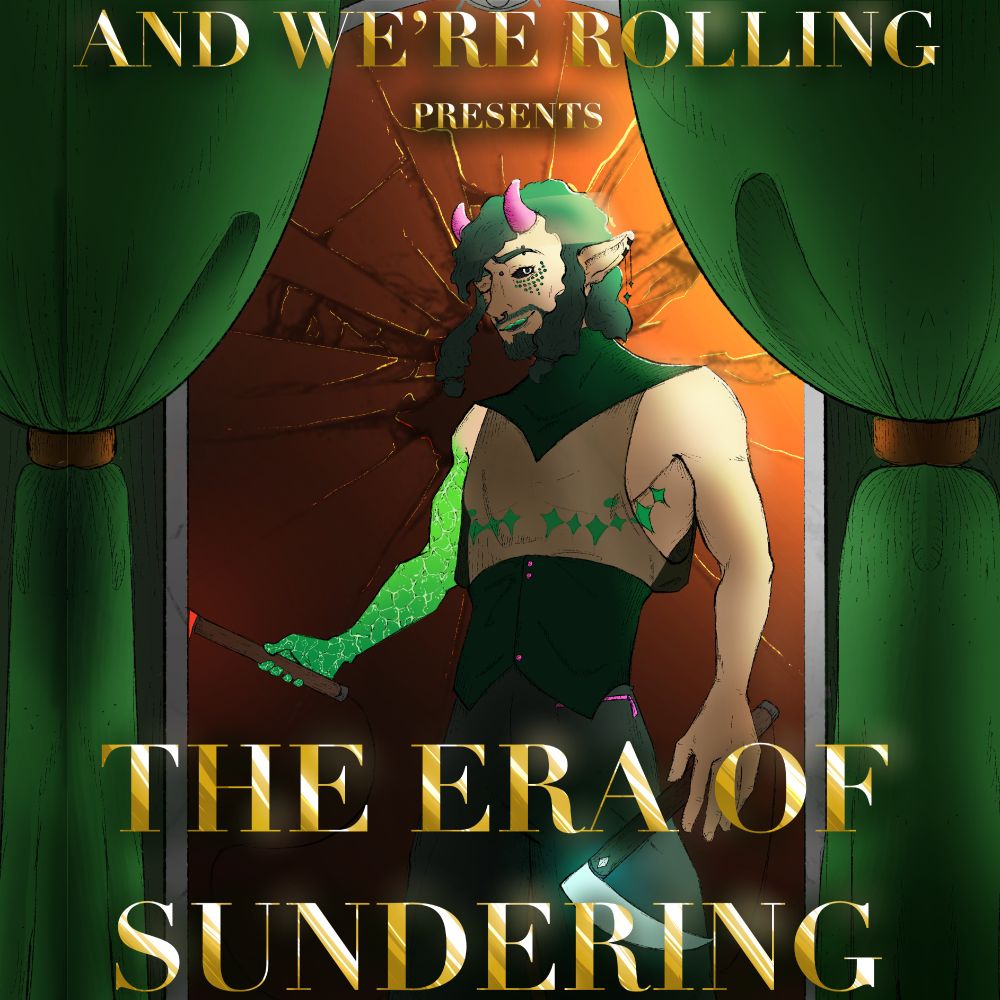 The scene depicts Fedrin, a pale person before a broken mirror with an eye at the top of its frame. There are green drapes framing the scene and over top states, in all caps, “And We’re Rolling Presents the Era of Sundering.”
Fedrin is a pale, leanly muscled person with an emerald right arm and emerald top surgery scars. They have green wavy/loosely curled hair. Ze is wearing a high-collared, sleeveless shirt with sheer fabric over the chest attached to a buttoned waist piece. He wields two sickles, one in each hand.