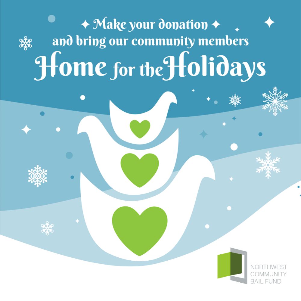 Abstract drawing of doves, hearts, and snowflakes, with text: Make your donation today and bring our community members Home for the Holidays.