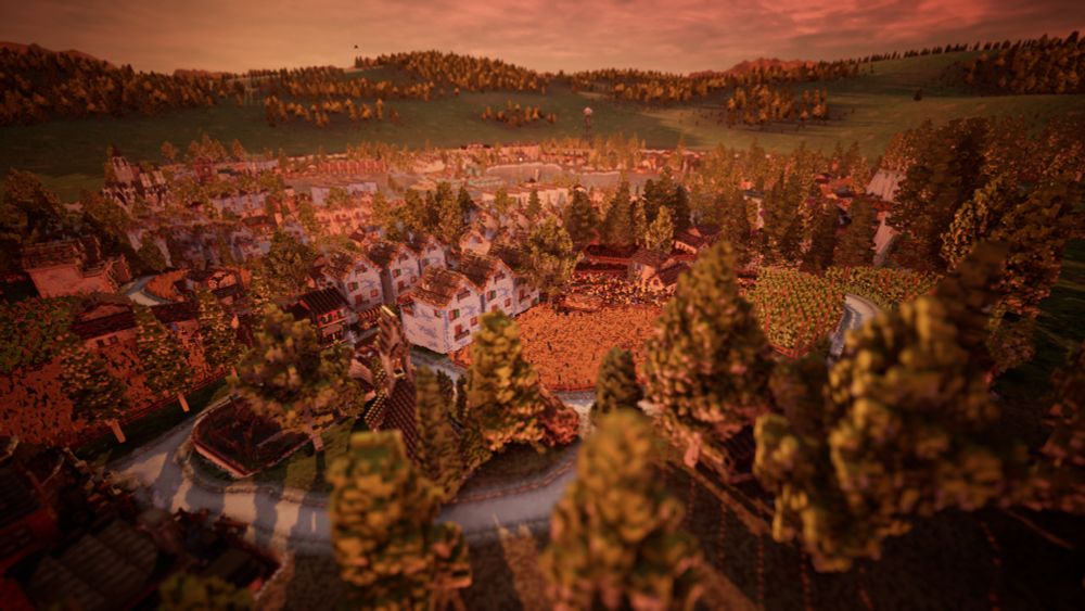 A screenshot of my Town to City build, showing the entire city from the view of the countryside, overlooking the more urban areas with hills in the background.