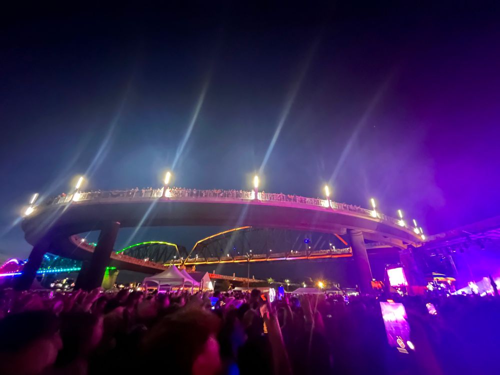 Big Four Bridge, Louisville, lit up in rainbow colors for Pride. 