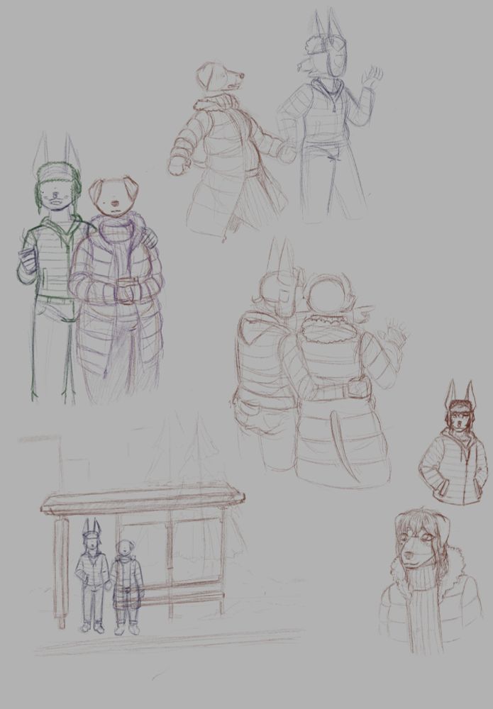 A collection of rough digital sketches of two  anthropomorphic doberman siblings in winter clothes. One (the older brother) has cropped ears and a tail and the other (the younger sister) has an uncropped tail and ears. From the top to the bottom of the page the two are depicted walking while the brother seems to have unexpectedly taken his sister's hand, the two posing for a picture with warm drinks in their hands, the brother wrapping his arm around his sister's waist and leaning in to her while he points at something in the distance, two more detailed sketches of the characters on their own, and a picture of the two standing at a snowy bus stop, holding hands while they wait for the bus to come.