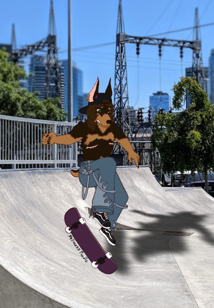 A digital art piece of an anthropomorphic doberman doing an ollie on a skateboard 