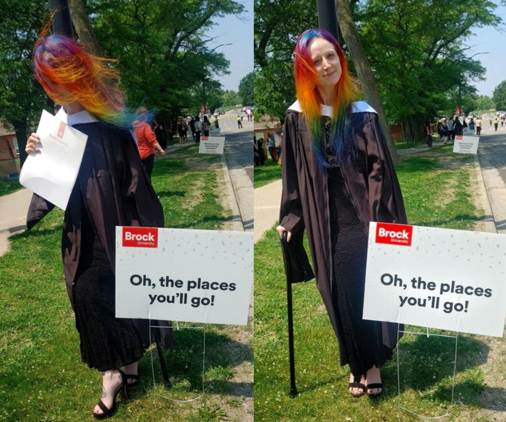 Two pictures of lulu, a tall pale woman with rainbow gradient hair, wearing masters degree graduation robes, by a sign that says "oh, the places you'll go"