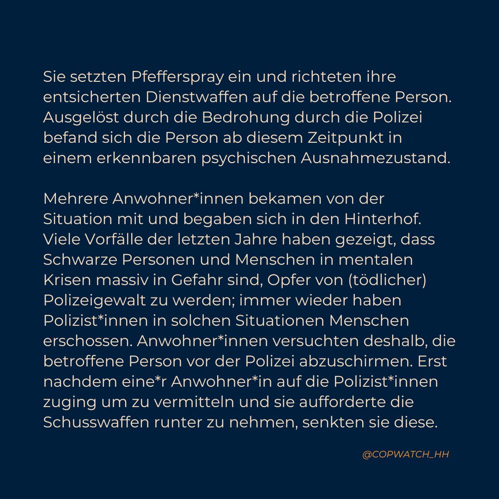 Sie setzten Pfefferspray ein und richteten ihre entsicherten Dienstwaffen auf die betroffene Person. Ausgelöst durch die Bedrohung durch die Polizei befand sich die Person ab diesem Zeitpunkt in einem erkennbaren psychischen Ausnahmezustand.

Mehrere Anwohner*innen bekamen von der Situation mit und begaben sich in den Hinterhof. Viele Vorfälle der letzten Jahre haben gezeigt, dass Schwarze Personen und Menschen in mentalen Krisen massiv in Gefahr sind, Opfer von (tödlicher) Polizeigewalt zu werden; immer wieder haben Polizist*innen in solchen Situationen Menschen erschossen. Anwohner*innen versuchten deshalb, die betroffene Person vor der Polizei abzuschirmen. Erst nachdem eine*r Anwohner*in auf die Polizist*innen zuging um zu vermitteln und sie aufforderte die Schusswaffen runter zu nehmen, senkten sie diese.