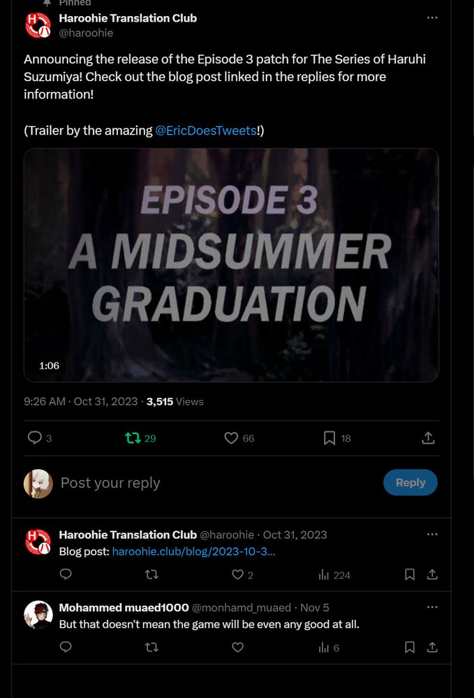 Tweet reply under our episode 3 announcement tweet reading "But that doesn't mean the game will be even any good at all."