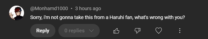 YouTube comment reading "Sorry, i'm not gonna take this from a Haruhi fan, what's wrong with you?"
