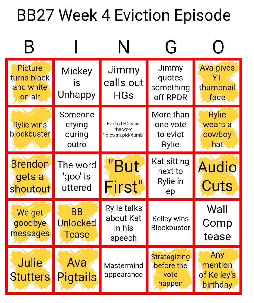 Bb27 week 4 eviction episode bingo card