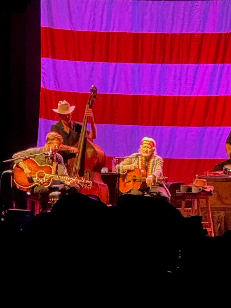 Photo from the crowd looking at a band playing on stage in front of a huge American flag. Willie Nelson sings and plays guitar,  wearing his iconic braids and bandana

#musicfan
#concerts
#willienelson
