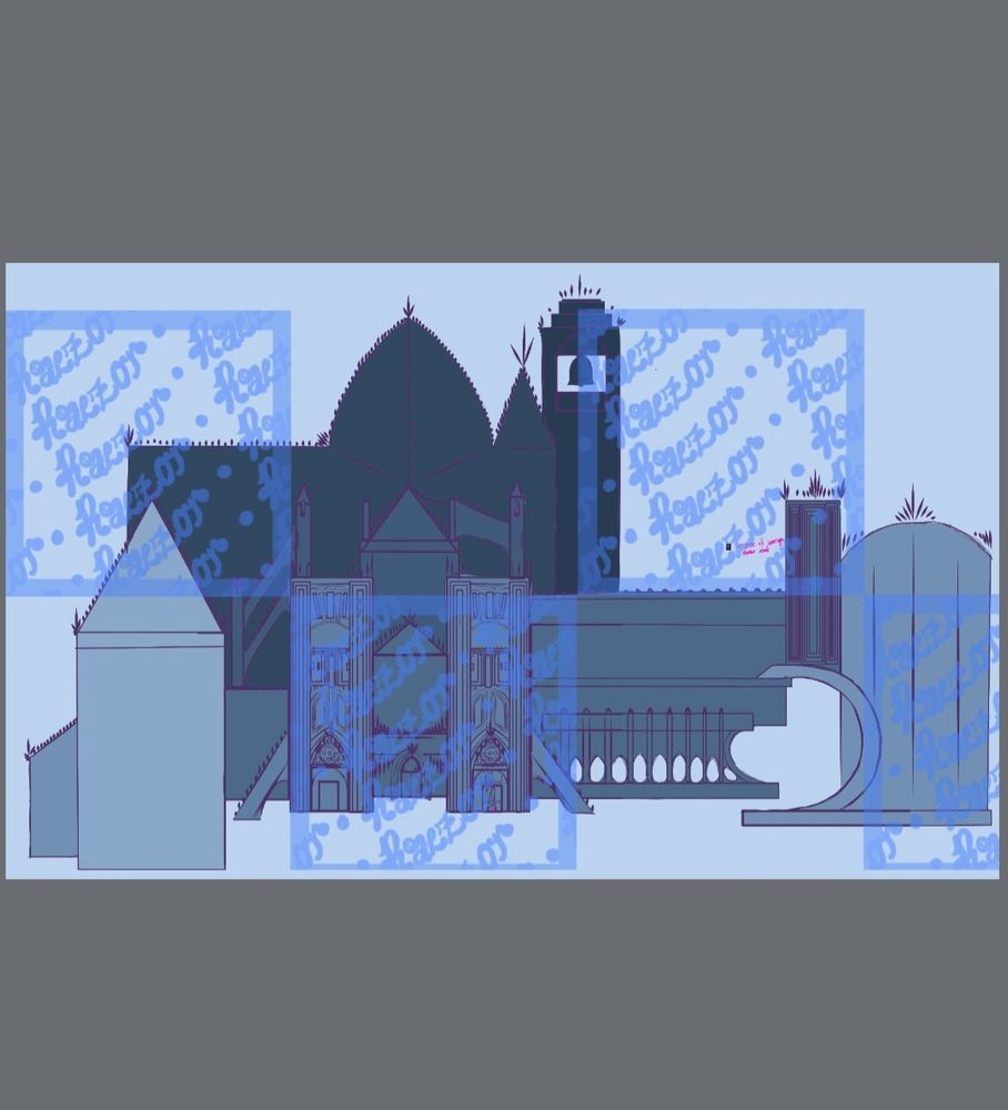 A conceptual illustration of a massive gothic church. Hues of blue greys are used to separate the different sections of the building based on depth of field. The creator Raezor has placed watermarks in their name across the image.
