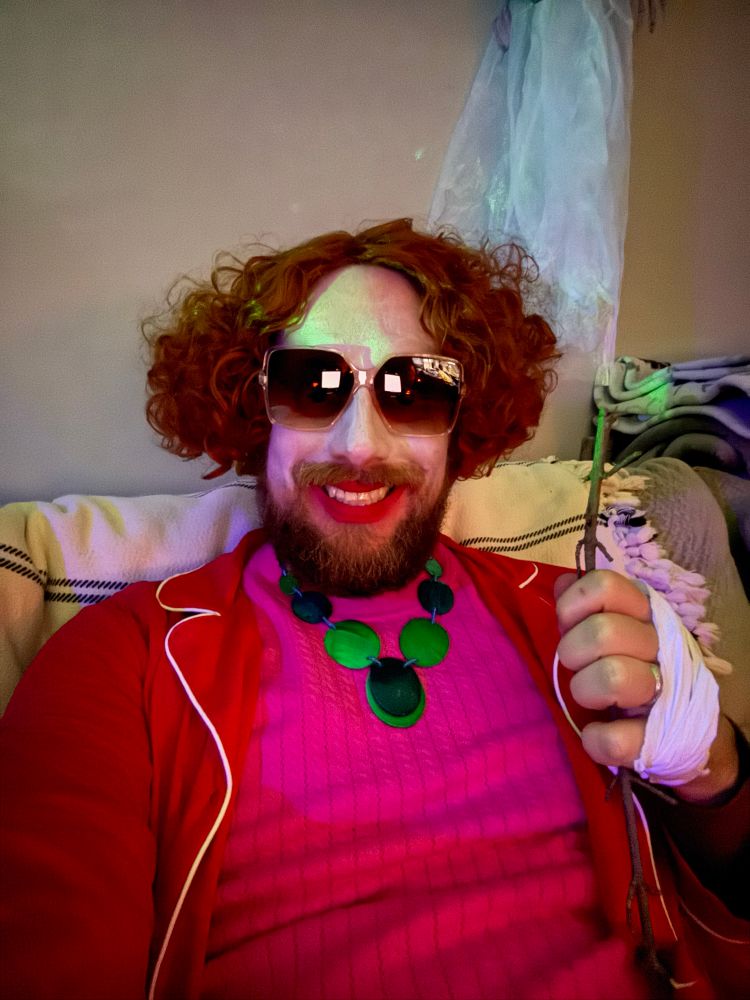 Dressed as Aunt Gladys from Weapons. 