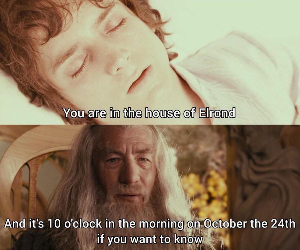 Frodo is sleeping on top panel. Quote says "You are in the house of Elrond.
Gandalf is talking on bottom panel. Quote says "And it's 10 o'clock in the morning on October the 24th if you want to know"