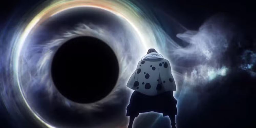 Character Jogo, from anime Jujutsu Kaisen staring at a black hole and about to get his ass handed to him by being shoved the concept of infinity into his mind, paralyzing him.