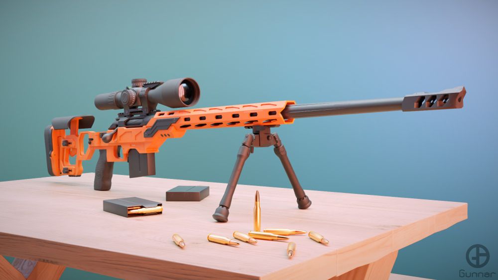 3d render of a rifle standing on a bench, magazines and bullets on the table, showcase