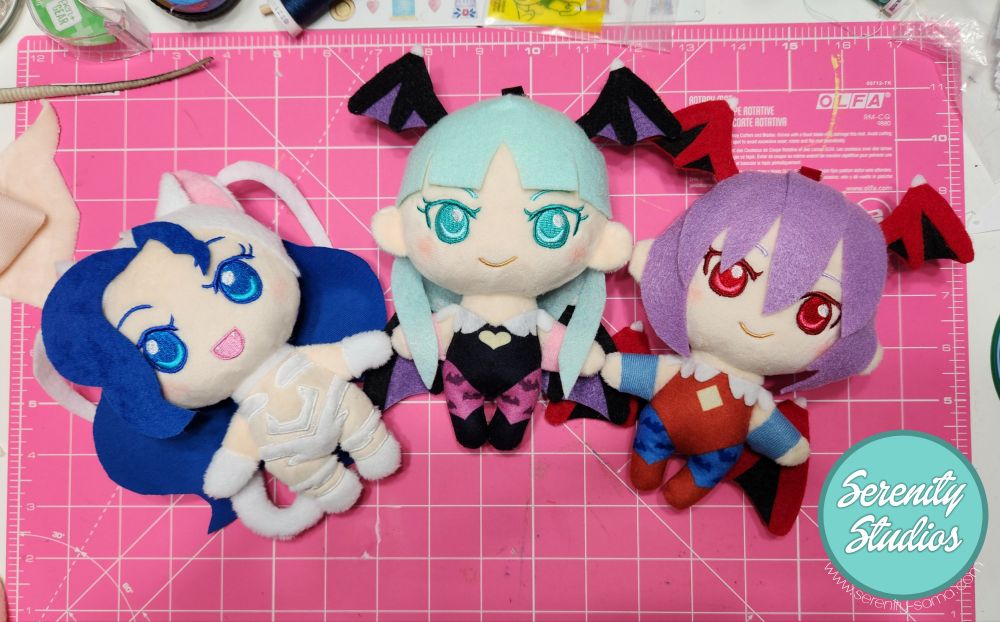 Chibi keychain plush of Morrigan, Lilith and Felicia from Darkstalkers
