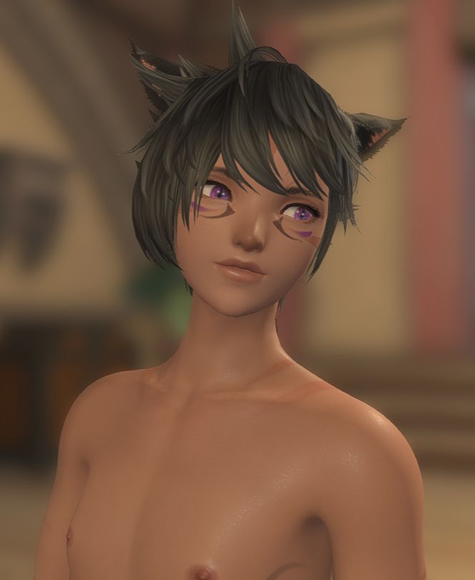 Shonna standing barechested, head tilted and looking off to the right with a gentle smile on his face. His new face markings are shown off here. The angle is about 3/4ths I think.