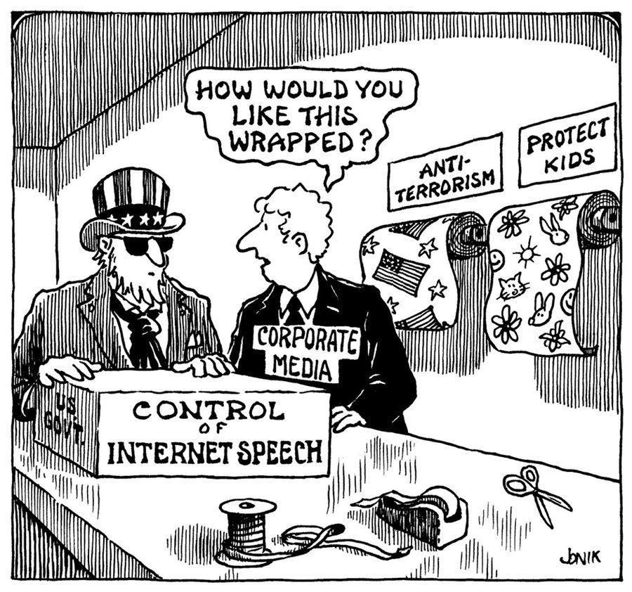Illustration of Uncle Sam and a "Corporate Media" representative standing behind a counter. Uncle Sam has his hands on a box labeled "US GOVT. CONTROL OF INTERNET SPEECH". The representative asks, "HOW WOULD YOU LIKE THIS WRAPPED?". Behind them are rolls of wrapping paper labeled "ANTI-TERRORISM" and "PROTECT KIDS".
