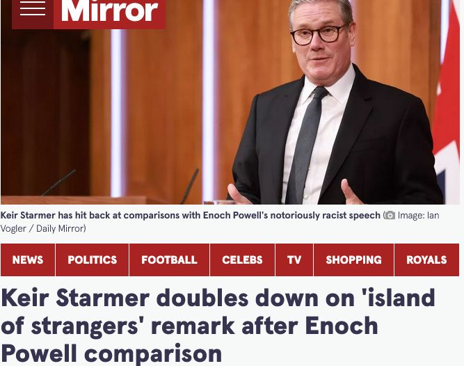 Photograph of Keir Starmer at a podium, with the Mirror logo at the top. The headline reads, 