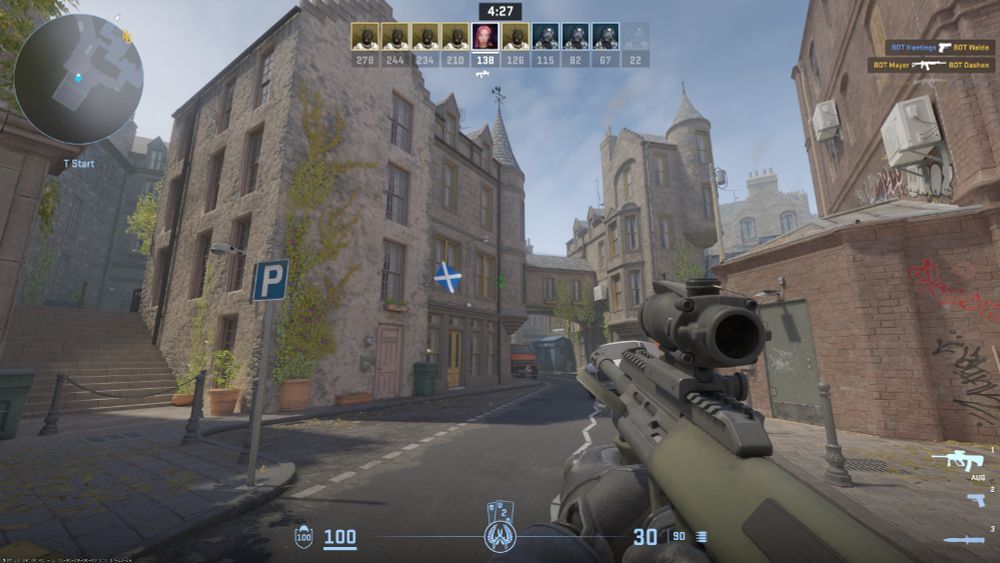 A Counter-Strike 2 screenshot of the Edin map, looking up streets reminiscent of Edinburgh's Old Town.
