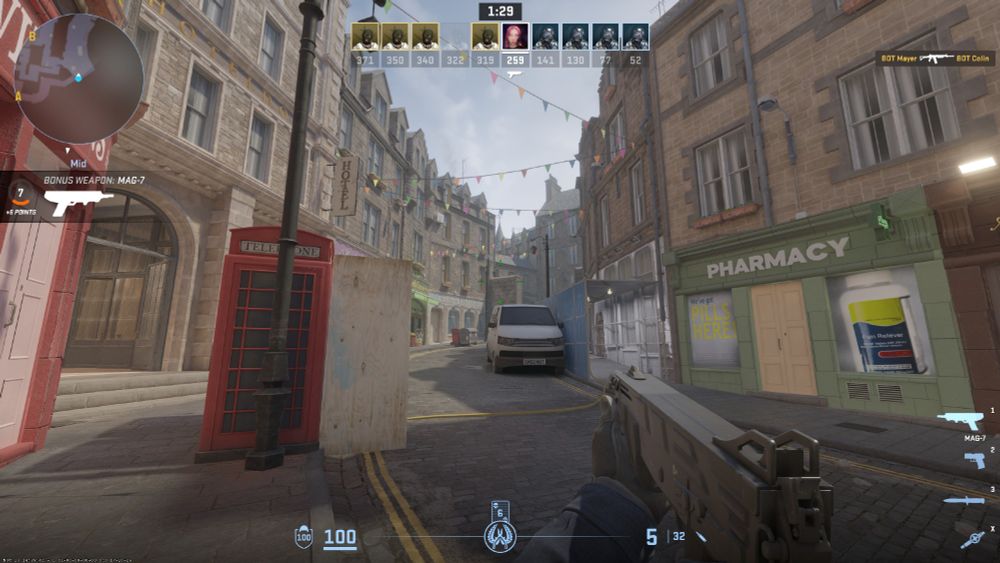 A Counter-Strike 2 screenshot of the Edin map, looking up a street which lots a lot like Edinburgh's real Cockburn Street.