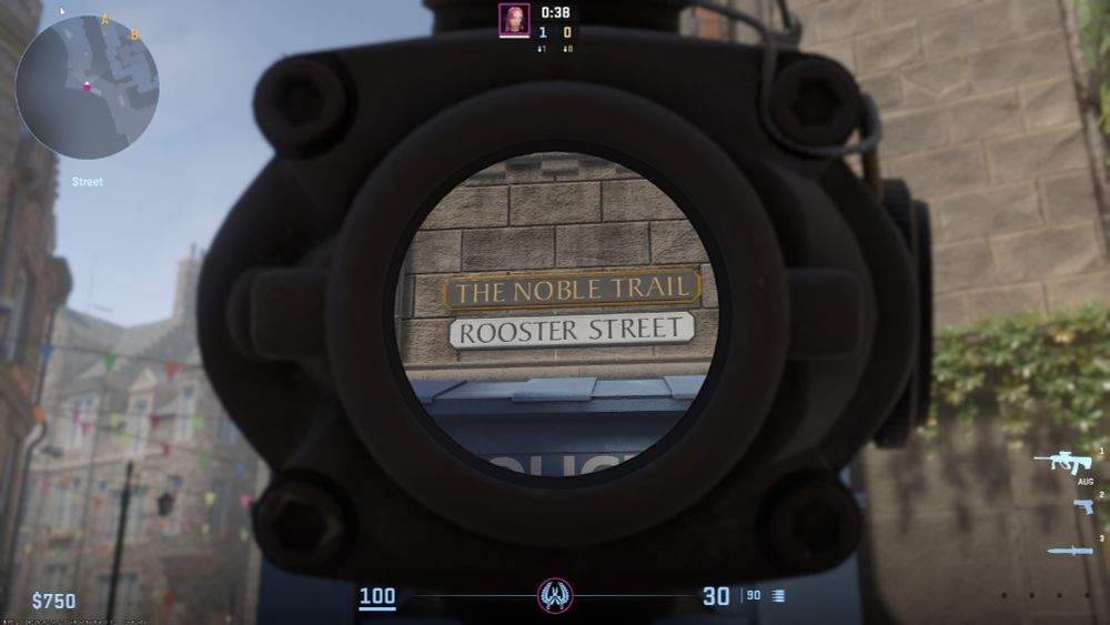 Zooming in on a street sign for Rooster Street in a screenshot of Counter-Strike 2's de_edin map.