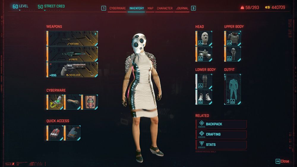 V wears a shimmering dress and a multi-eyed, orb-like helmet in a Cyberpunk 2077 screenshot.
