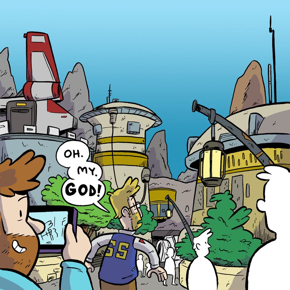 Comic

Panel 1: Giant full page panel of me walking into Batuu for the first time. Max keeps filming in his phone while I’m in awe.

Pranas: Oh. My. GOD!