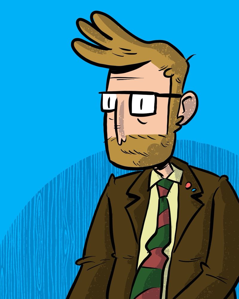 Cartoon self-portrait of the cartoonist Pranas T. Naujokaitis. White Caucasian male with dirty blonde hair and beard, glasses, wearing a brown sports jacket with a crooked red and green tie all on a blue background.