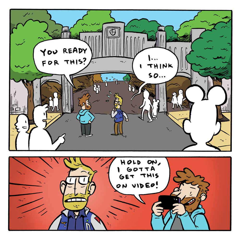 Comic

Panel 1: Max and I stand in front of the archway that leads to the Star Wars area of Disney Hollywood Studios. Random park goers are around.

Max: You ready for this?

Pranas: I… I think so…

Panel 2: Max pulls out his phone while my face is shocked.

Max: Hold on, gotta get this on video!