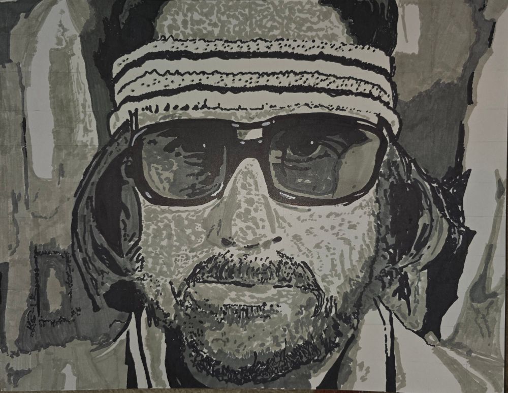 Monochrome illustration of luke wilson as richie Tenenbaum in the film "The Royal Tenenbaums". He is wearing dark sunglasses, a sweat band, and full facial hair
