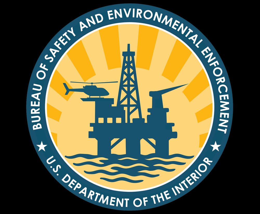 BSEE logo featuring offshore rig and helicopter, no wind turbines