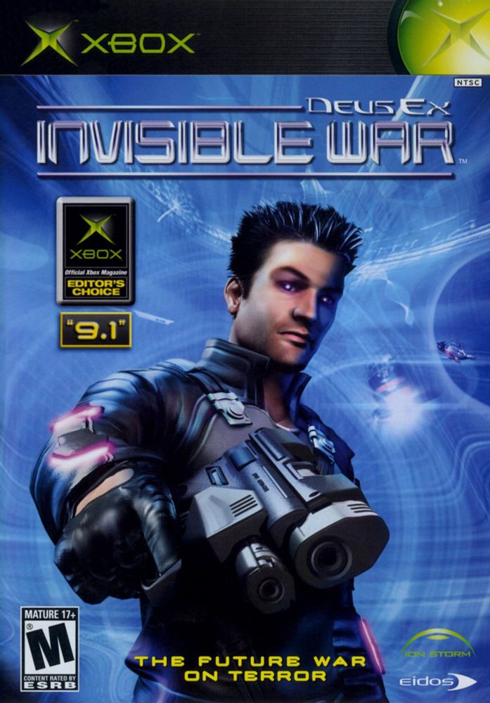 Cover art for Deus Ex: Invisible War on the Xbox. A man with a rather large forehead and pointy deep-blue hair points a futuristic pistol at the viewer. Yellow text at the bottom of the boxart informs us that the player is about to experience "The future war on terror."