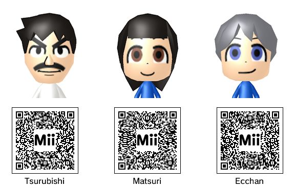 Miis of Tsurubishi Makabe, Matsuri Makabe and Eri Amakazari (Ecchan) from CITY are shown with their respective QR codes underneath.