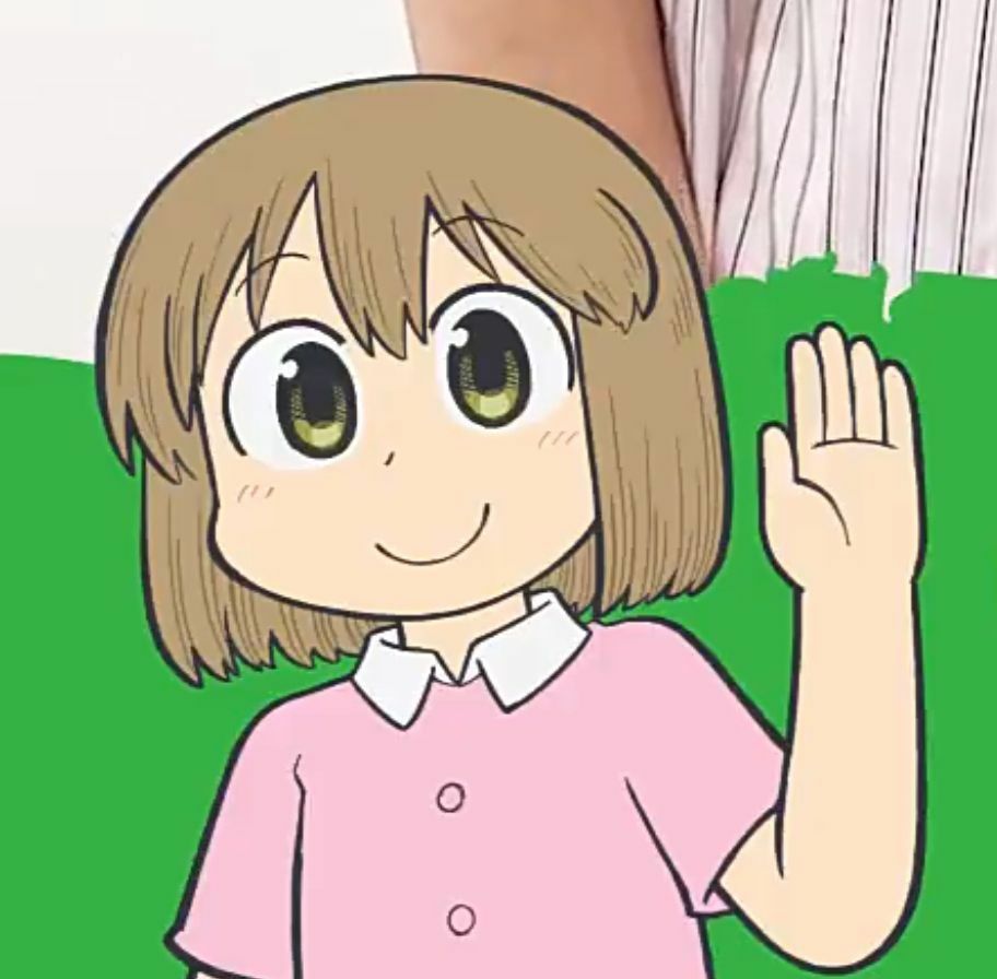 Niikura from CITY the Animation, smiling with her left hand raised up.