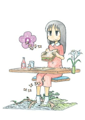 Mai Minakami from Nichijou sits on a floating seat at a floating desk. She's in her pajamas eating a lettuce and tomato sandwich with a plate, glass of milk, two bottles and her glasses laying on the desk. There's also a flower in a vase connected to the side of the desk. A flower with no stem floats in the plain white background, with five birds flying past it. Below Mai are six more birds, flying near a miniature green pasture with a branch extending out of the terrain and into a pool of water.