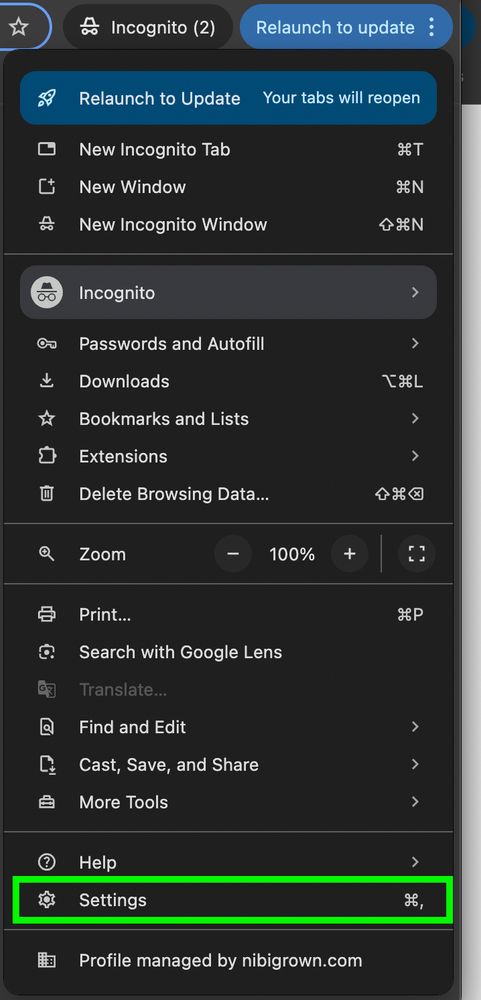 Screen shot of Options menu on Google chrome with "Settings" highlighted in green. 