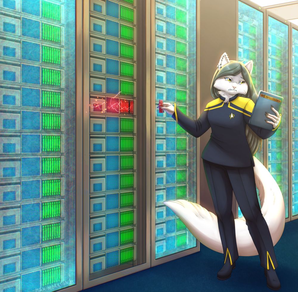 A white anthropomorphic cat working in a data center. She has white fur, grey hair and golden eyes, and is wearing a yellow starfleet uniform from Star trek. She is holding a red Isolinear chip in her right hand and a data PADD in her left hand. She's looking concerned as the rach where the chip should go glows red and has electric sparks flying around.