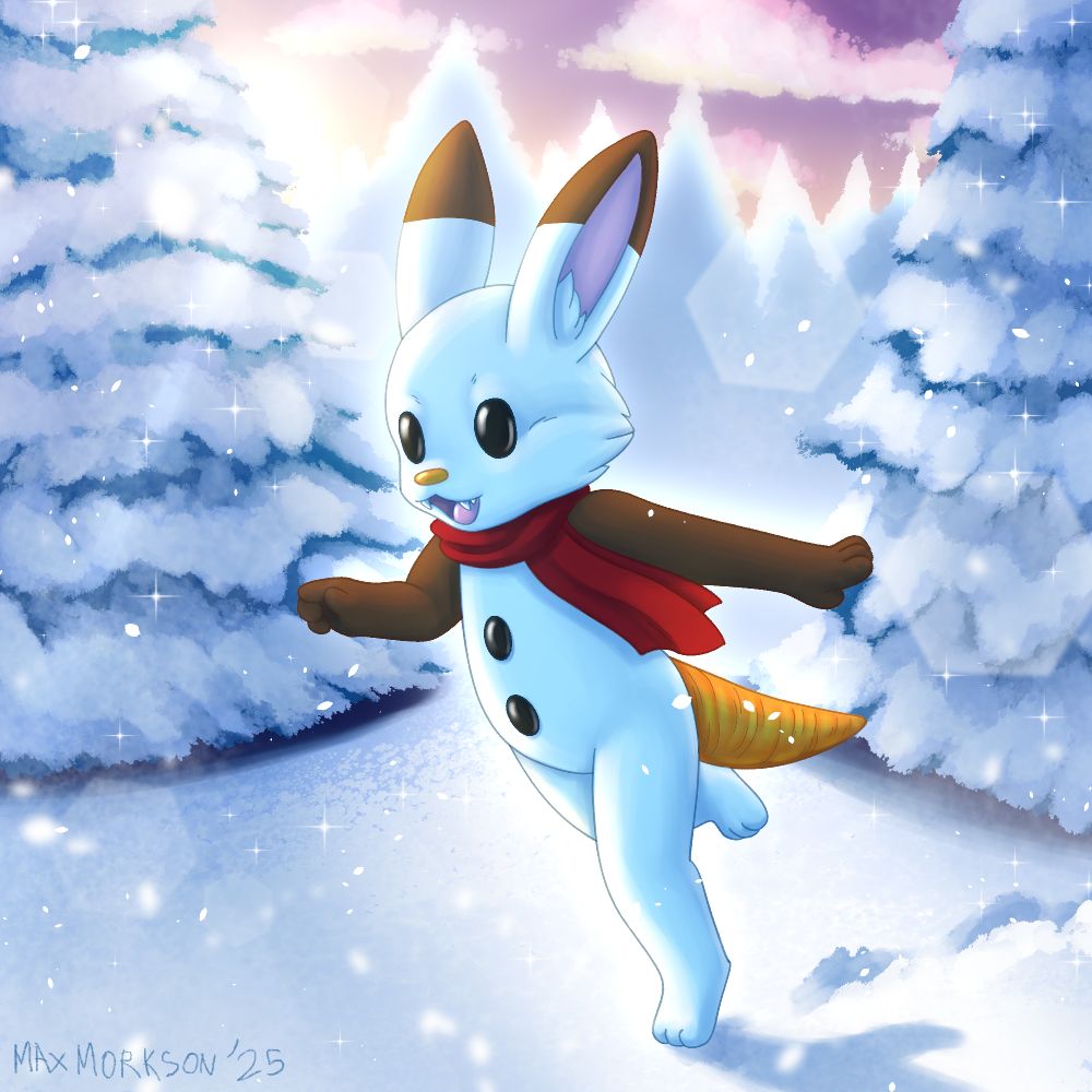 A white bunny with a carrot tail, brown arms and brown tips of the ears. He is running in a snowy forest.