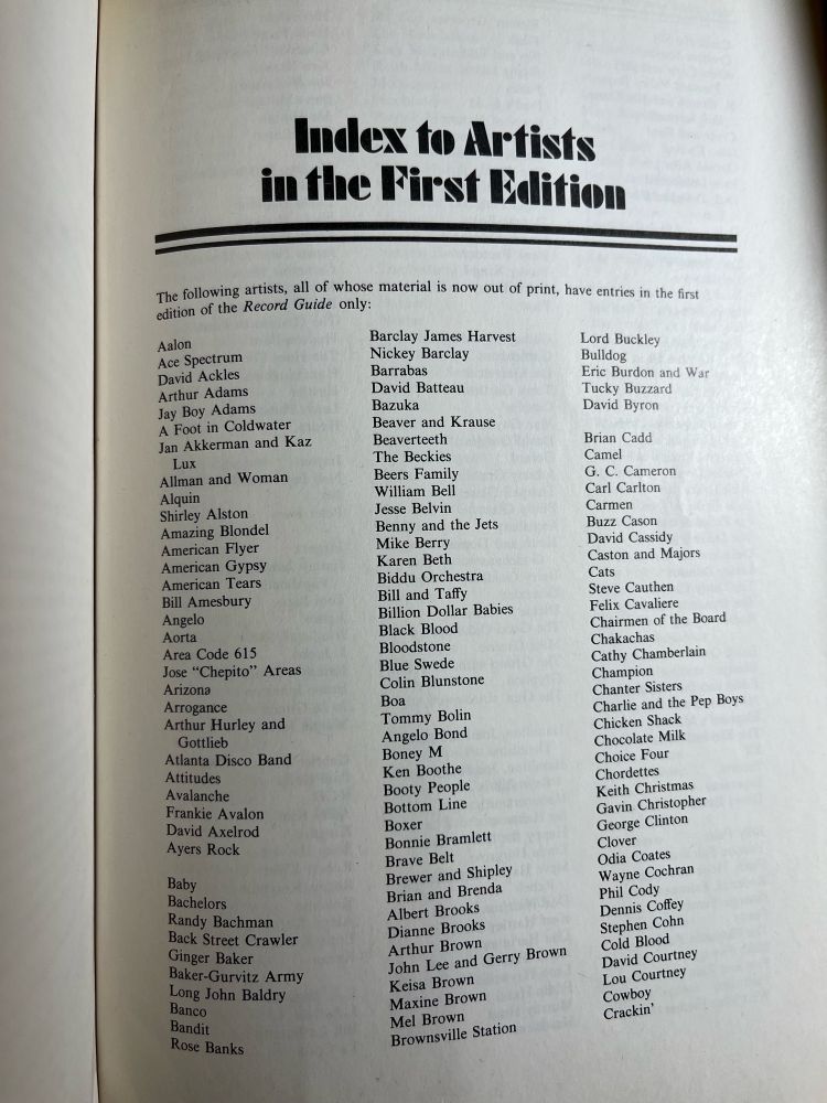 Rolling Stone Record Guide, 1st page of the index to artists in the first edition. Includes artists such as Frankie Avalon, Brownsville Station, George Clinton!, Ginger Baker. And many others much more obscure 