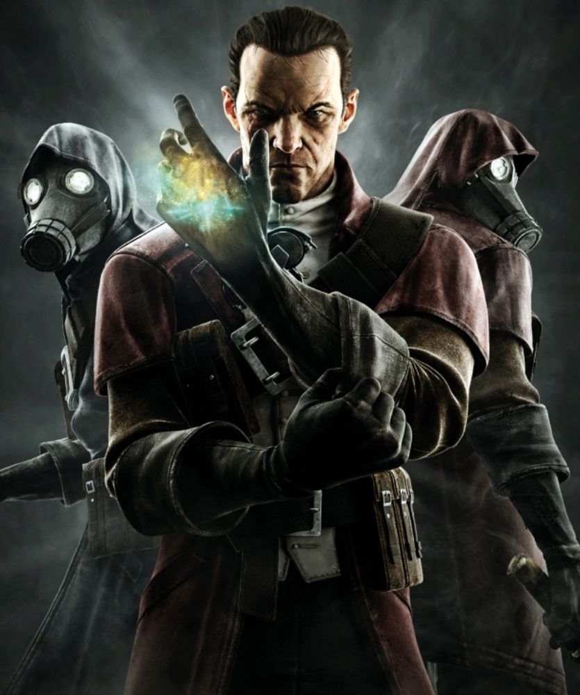 Daud from Dishonored (video game) stands in a red coat with a glowing hand. Two people in gas masks stand behind him.