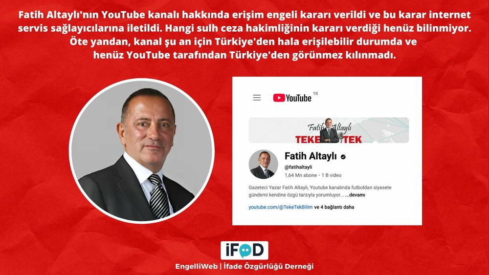 SON DAKİKA | Fatih Altaylı'nın YouTube kanalına erişim engeli getirildi.

▪︎ Kanal, henüz YouTube tarafından Türkiye'de görünmez kılınmadı. (EngelliWeb)