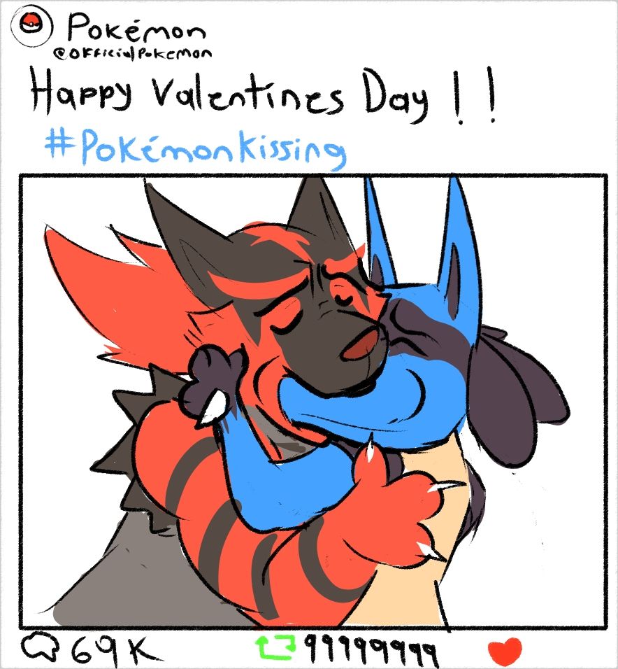 The totally reak Pokémon account posts about Valentine's day using a badly drawn image of Incineroar and Lucario kissing