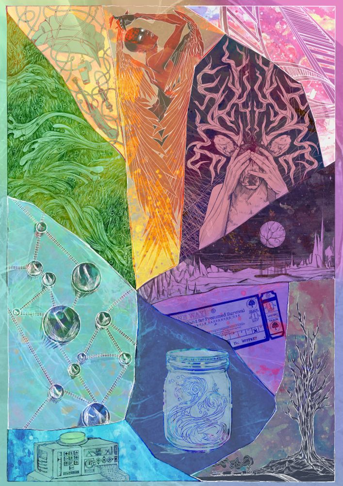 A collage of psychedelic illustrations Cael did for TWISTED RAILS